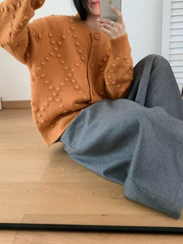 慵懒风纯色鼓包设计感高级感针织开衫女秋冬季宽松别致毛衣外套|undefined