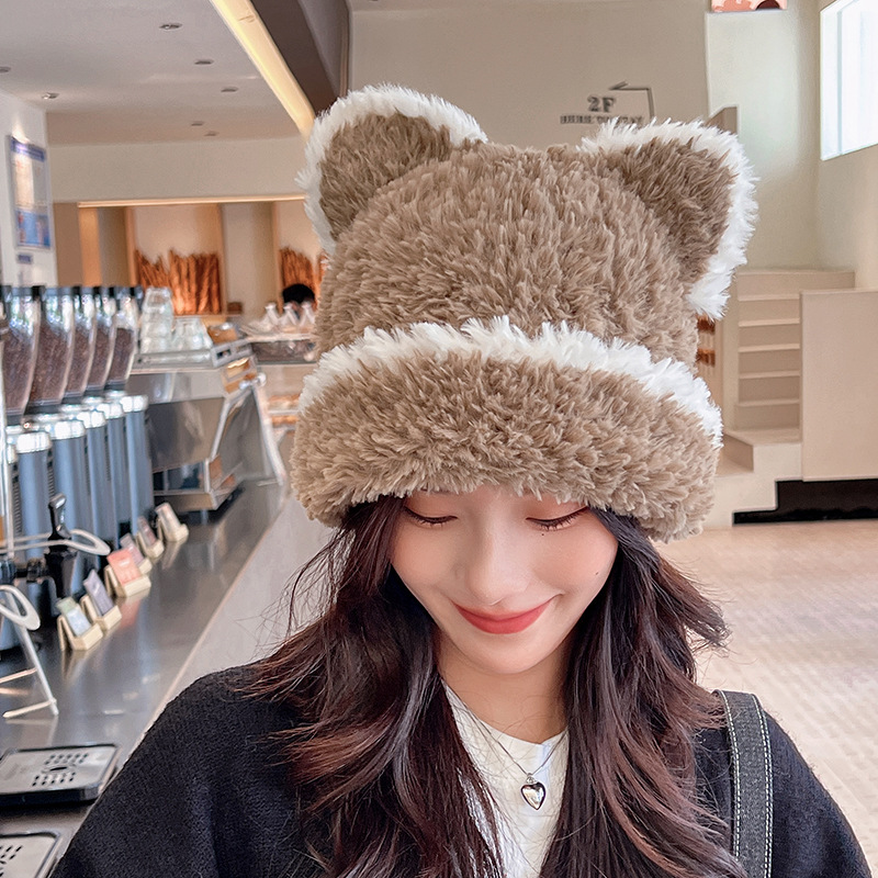 女性用冬のかわいいクマのウール帽子、韓国風の豪華で暖かい耳保護プルオーバー帽子、小顔効果のあるベルベット付きニット帽|undefined