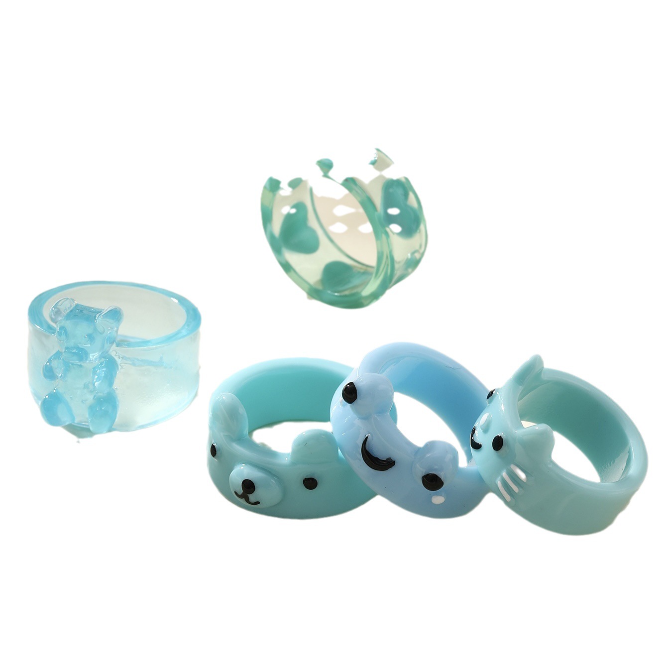 Verano transfronterizo Amazon nuevo animal de dibujos animados Rana oso resina diversión personalidad hip hop anillo conjunto traje