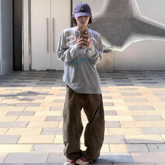 美式复古亨利领长袖t恤女早秋新款字母印花薄款罩衫宽松休闲上衣