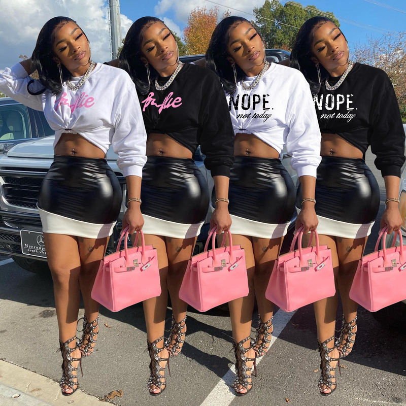 Cross-border Amazon wish European and American fashion women's spring and autumn long sleeve T-shirt skirt suit stitching leather skirt two-piece set