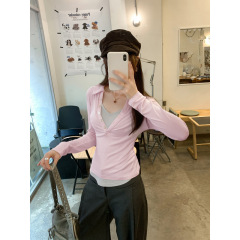 2025秋季新款美式辣妹撞色假两件长袖T恤女修身显瘦V领打底上衣