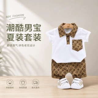 男童休闲韩版短袖polo衫 儿童翻领短袖+短裤两件套 童装跨境批发