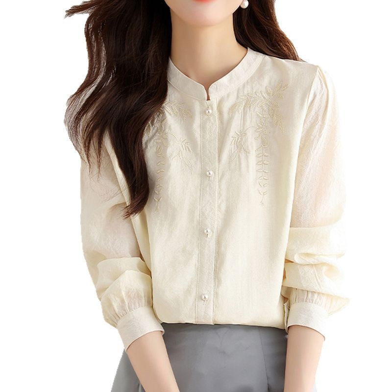 2025 春夏中国風刺繍長袖シャツハイエンドスタンドカラーシャツ春の新作女性のトップス|undefined