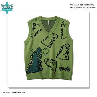 Ywfg American Trendy Brand Knitted Knitwear Vest for Men Autumn and Winter New Dinosaur Cartoon Pattern Sleeveless Knitted Vest