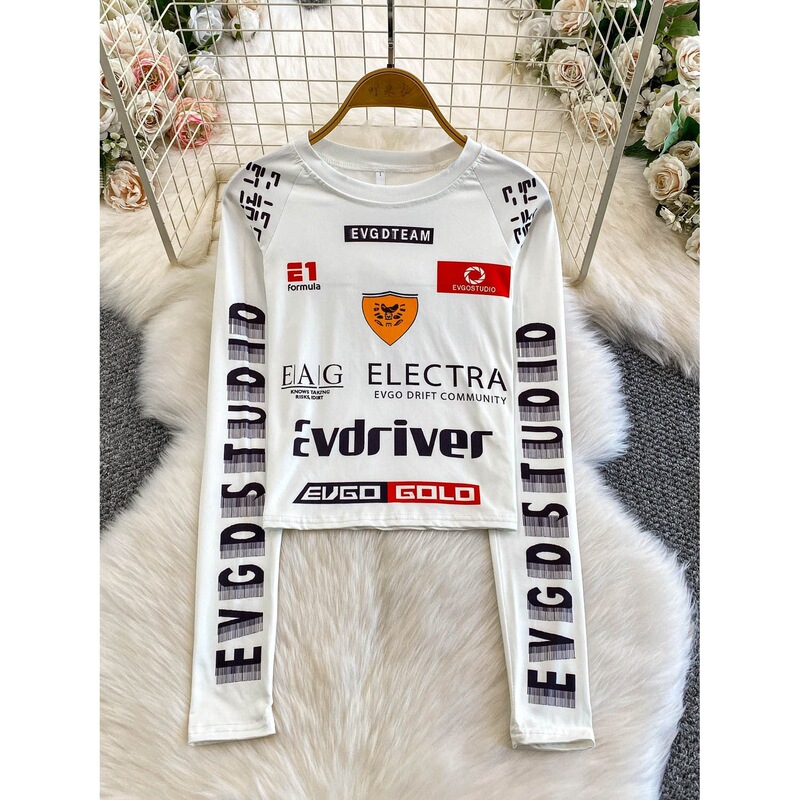 Street Fashion Motorcycle Style Round Neck Hot Girl Style Slim Fit T-Shirt Versatile Slim Fit Cool Printed Long Sleeve Top Street Fashion Motorcycle Style Round Neck Hot Girl Style Slim Fit T-Shirt Versatile Slim Fit Cool Printed Long Sleeve Top