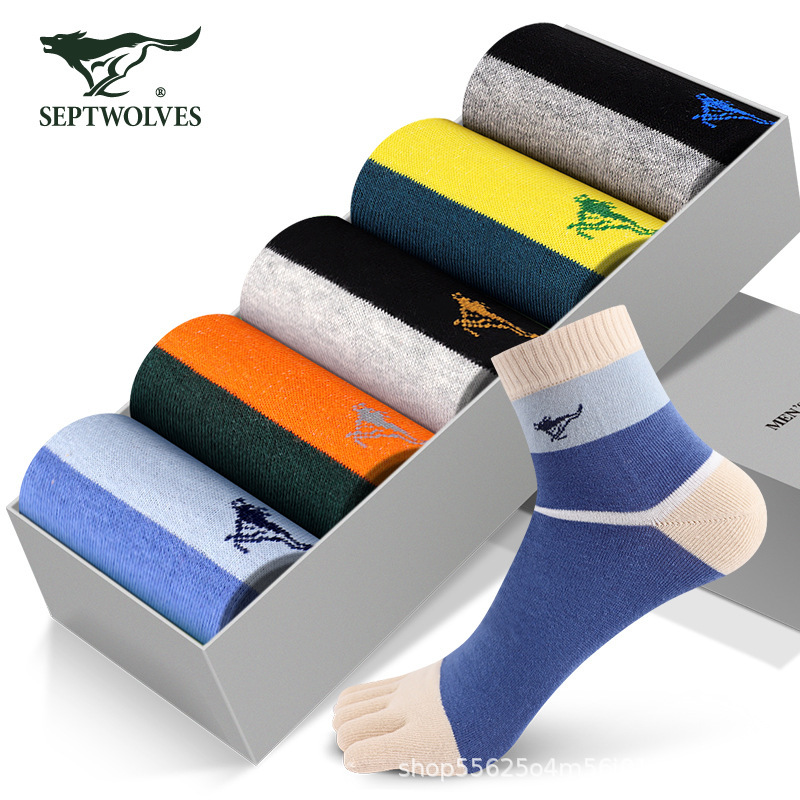 Seven wolves men's casual socks five-finger socks cotton sweat-absorbent breathable color matching trend toe socks 5 pairs