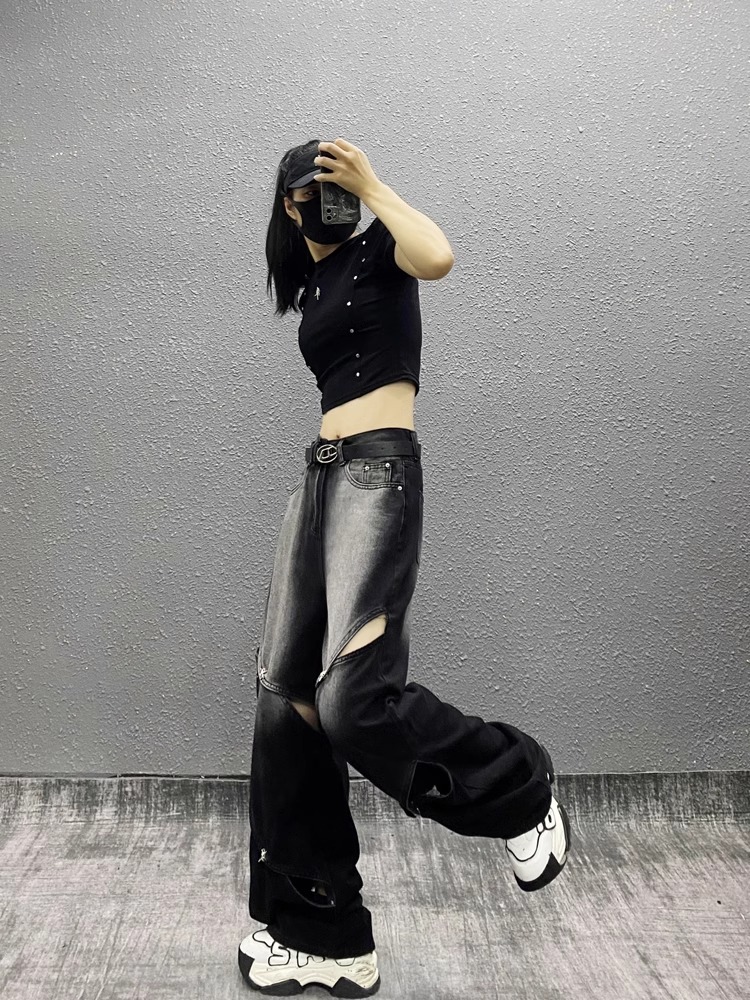 Vintage Washed Black Hollow-out Ripped Wide-leg Jeans Women's 2024 Autumn New Loose Straight Pants