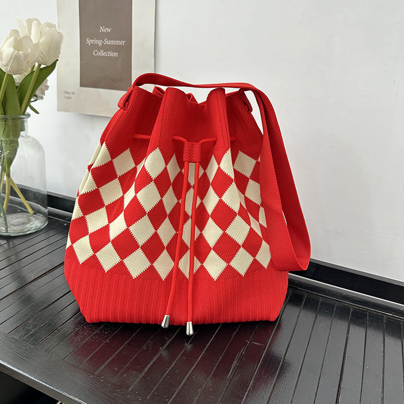 Nuevo bolso de cubo con cordón, bolso de punto, bolso de mano casual de gran capacidad, tablero de ajedrez, bolso tejido de moda de doble clavija
