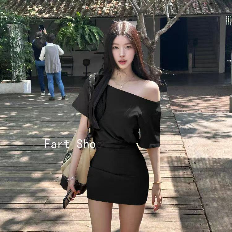 小个子收腰灰色斜肩包臀裙子女夏季新款纯欲辣妹风露肩连衣裙|undefined