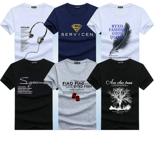 5-piece men's short-sleeved shirts, men's youth printed T-shirts, round neck bottoming shirts, half-sleeved shirts