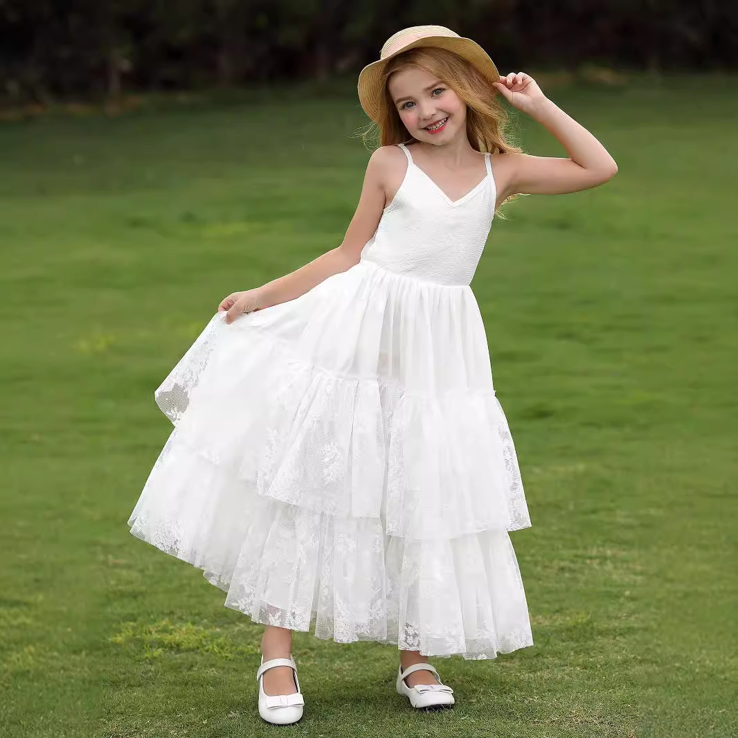 Nuevo comercio exterior transfronterizo niño lindo vestido de cuello en V sin mangas espalda de encaje espectáculo de cumpleaños flores vestido pequeño