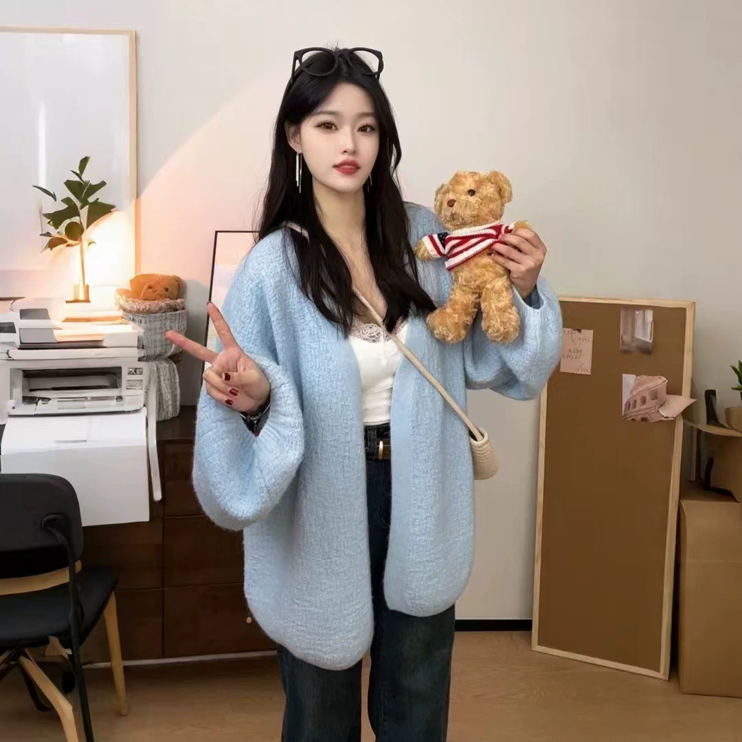 Весенне-осенняя вязаная верхняя одежда в ленивом стиле без пуговиц, женский кардиган с толстым игольчатым дизайном и стильной верхней курткой с рукавами-фонариками для женщин.