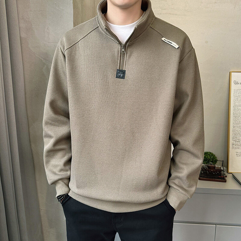 National Tide Style Must Sell Jacquard Half Zipper Vertical Collar Sweatshirt 2025 Spring and Autumn Men's Essential Fashion All-match Sweatshirt
