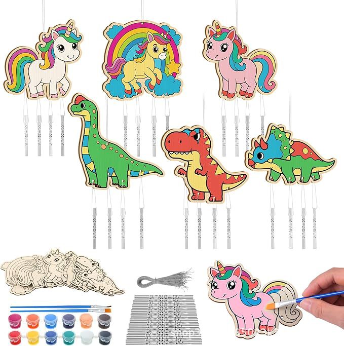 Unfinished Wooden Unicorn Dinosaur Wind Chime Set Kids Wood Crafts Unpainted Ornaments