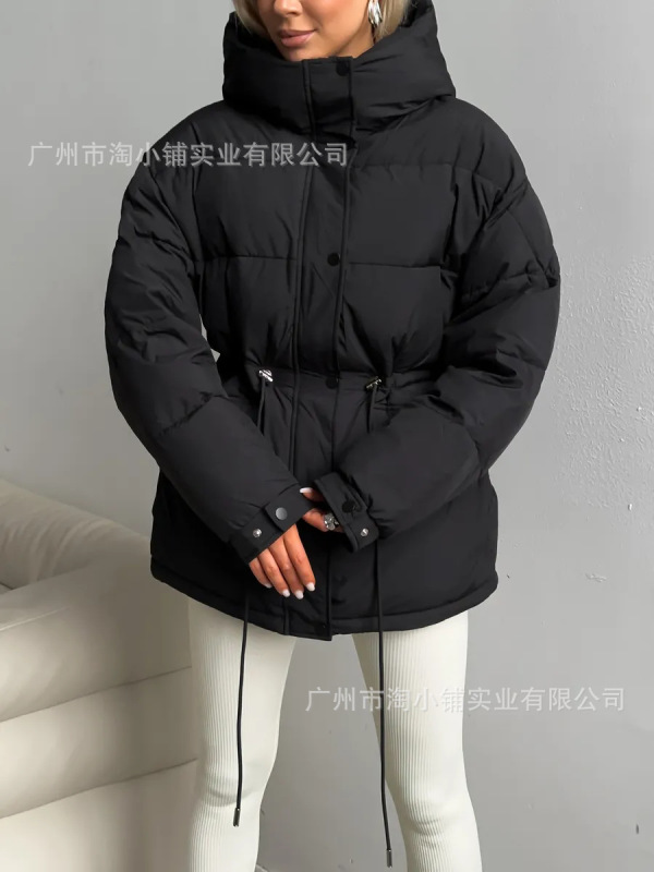 韩版显百搭收腰女中冬季高级感连帽抽绳2025新款外套简约加厚外套|undefined