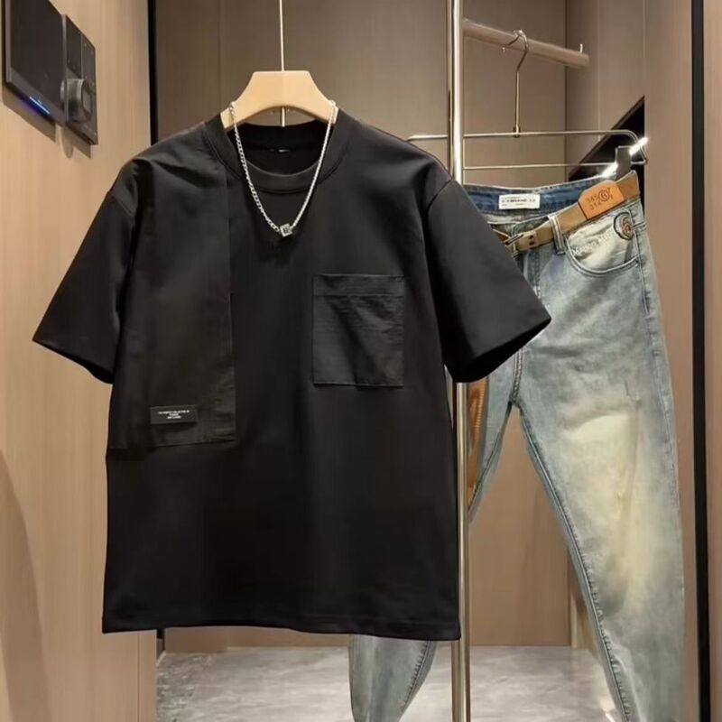 2025 新ポケットラウンドネックトレンディなブランド夏ルーズカジュアル Tシャツ半袖メンズスプライシングデザイン無地|undefined