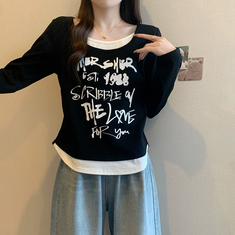 Spring set with letters, long-sleeve, T-shirt, plus size