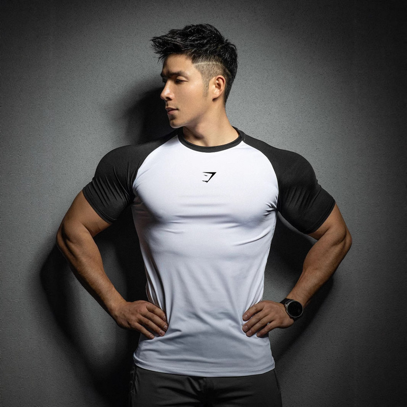 Gymshark Youth Men's Short-Sleeved Fitness Sports Leisure Running Elastic Quick-Drying Short-Sleeved Shark Slim Fit