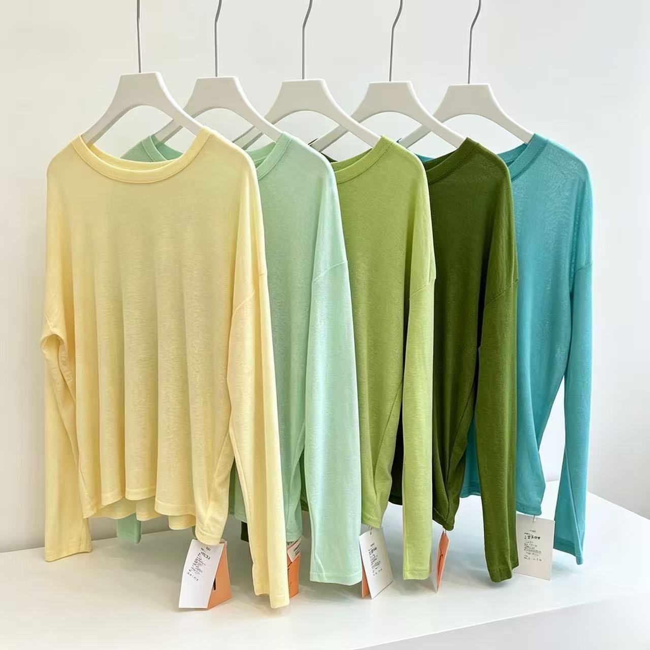 Round neck sun protection shirt, slimming, versatile, fashionable, solid color, casual, loose, long-sleeved, thin T-shirt for women, ice silk.