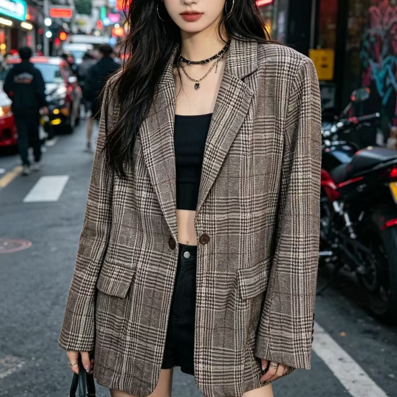 网红格子西装外套女2026春秋韩版女士上衣西服英伦风设计感小众