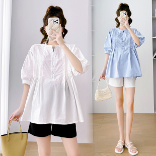 Pregnant Women's Summer Fashion Loose Age-reducing Shirt Set Casual Pleated Top Belly Shorts Two-piece Set