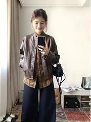 美式复古美拉德咖色皮衣外套女早秋新款高级感休闲开衫夹克上衣潮