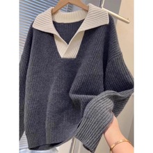 韩版秋冬风高级感新打底针织衫慵懒套头软糯毛衣上衣拼色大码女装