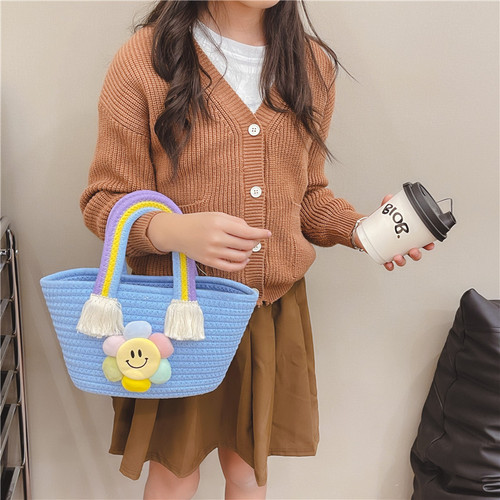 Children's handbag cotton rope woven women's bag souvenir vegetable basket toddler shoulder bag cartoon sunflower rainbow bag