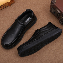 Round head black flat sole men's casual single shoe, full-grain leather low-top soft and comfortable business shoes for men