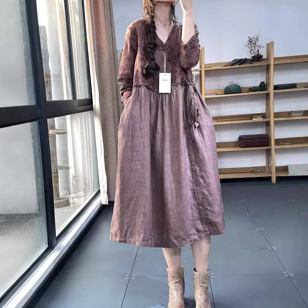 Литературное осеннее платье женское ретро новый V шнуровка юбка на талии воротник