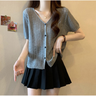 Real Shot~Plus Size Single-Breasted V Neck Hemp Pattern Short-Sleeved T-Shirt Women's Summer Ice Silk Knitted Cardigan Fat mm Loose Top
