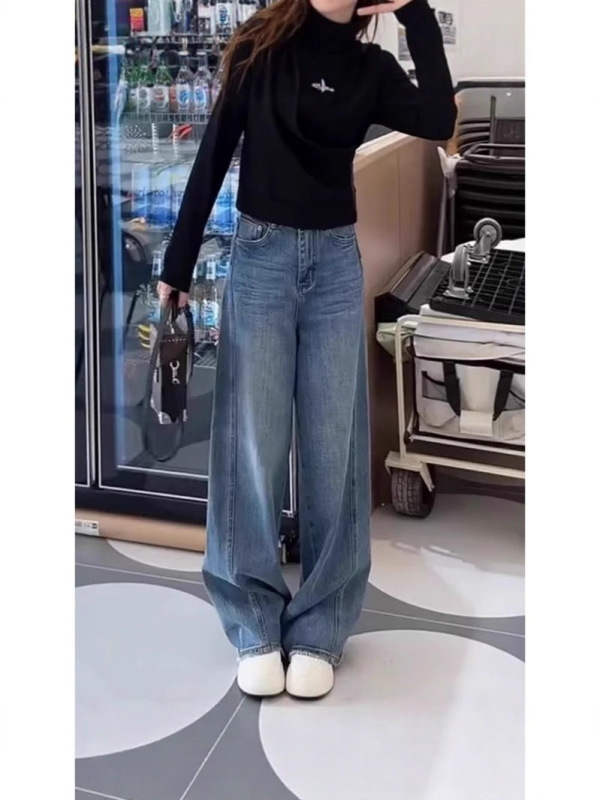 大码复古深蓝色牛仔裤女夏季薄款胖mm宽松高腰显瘦直筒阔腿九分裤|undefined