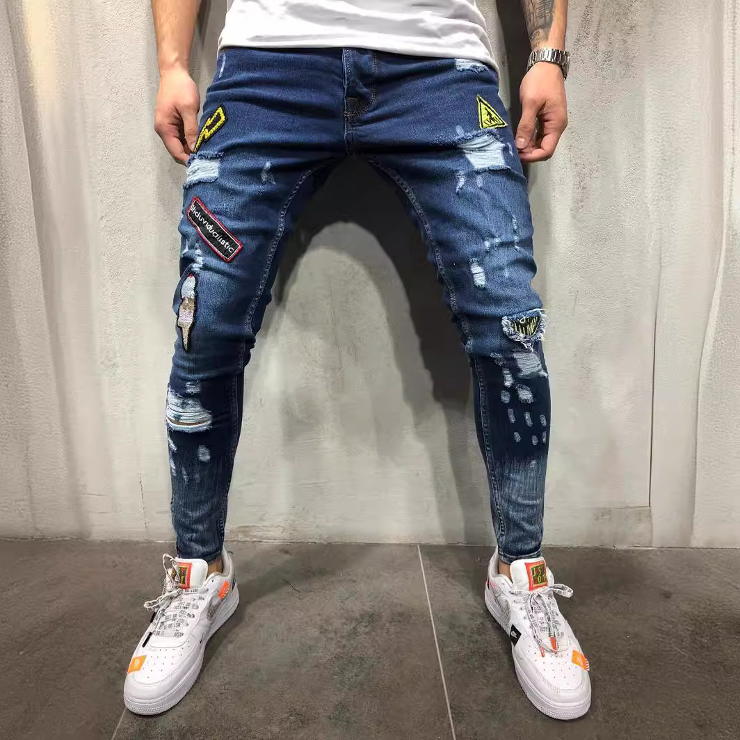 Men's Clothing hot men's hip hop high end tight fit ripped foot pants new men's badge slim fit jeans_voghion.com
