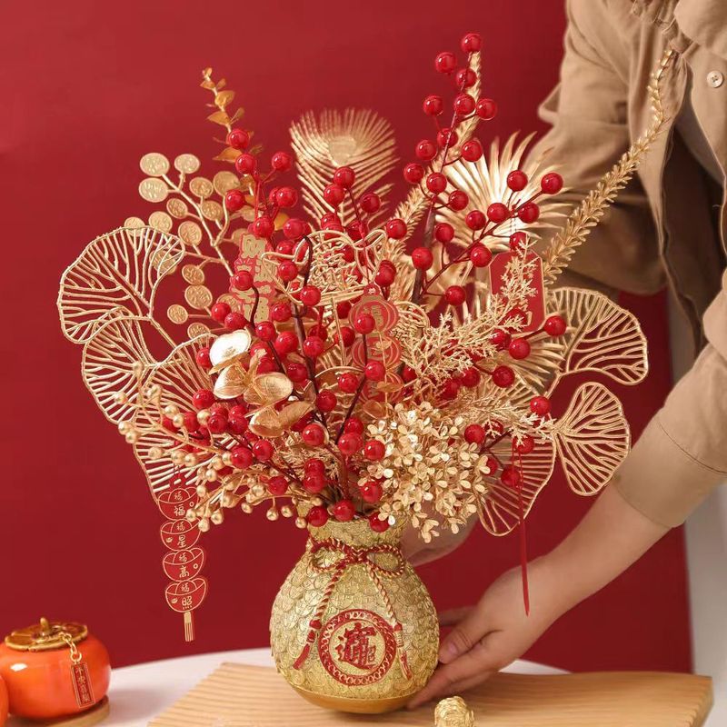 金色尤加利仿真花 新年客厅摆件装饰福桶银杏叶金色系年宵花批发|undefined