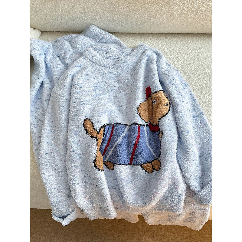 Cute puppy half-velvet pajamas, autumn and winter style for women, with extra fleece, thickened, warm, soft and cozy knitted home wear, plus-size set