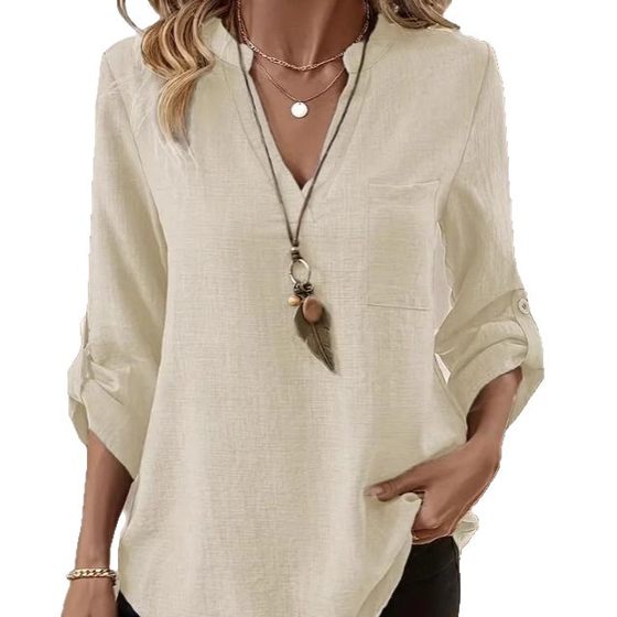 2025 Spring and Summer Cross-border Foreign Trade New Shirt Women's Loose plus size V-neck Solid Color Short Sleeve Medium Long Sleeve Shirt