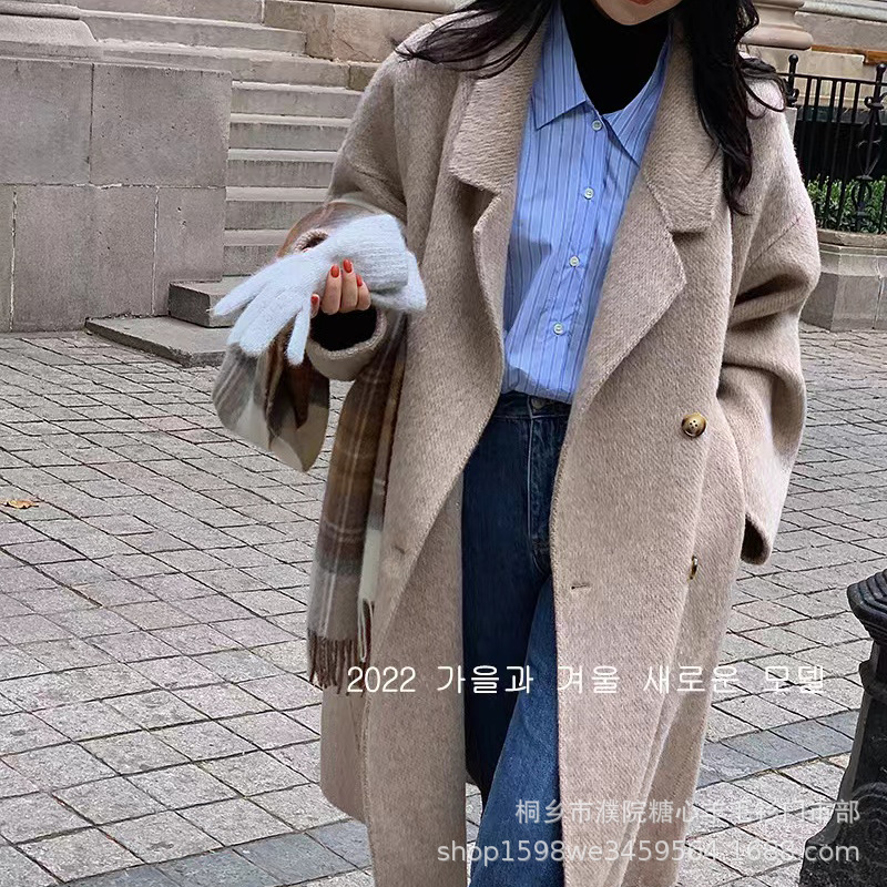 2025年新作 両面ウールコート レディース 4つボタン 韓国風 アルパカ混 ロング丈 ゆったり カジュアルジャケット 女性用
