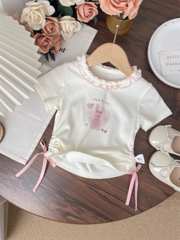 韓国風子供服夏スタイル女の赤ちゃんレース漫画巾着半袖 Tシャツ女の子半袖トップ子供底シャツ薄い|undefined