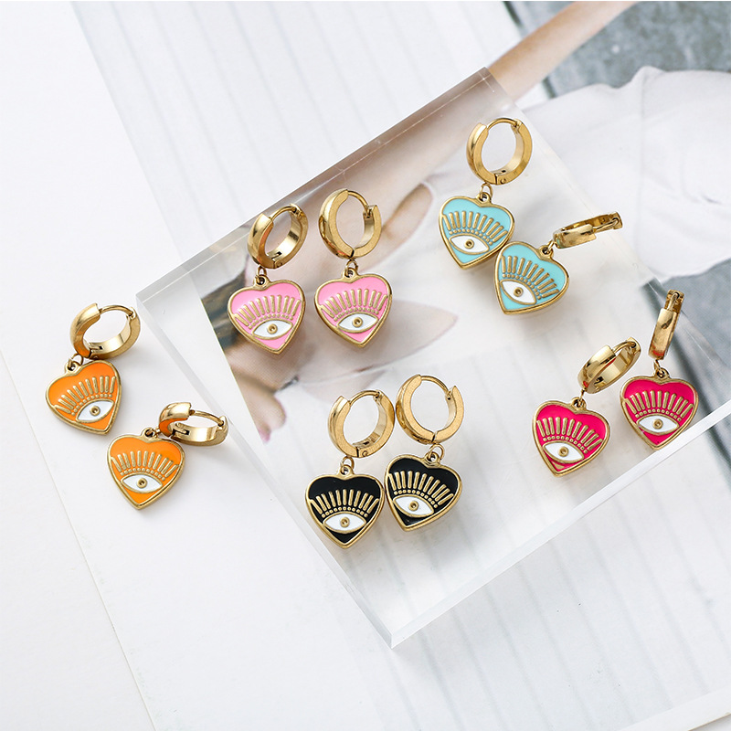 Fashion Heart Shape Eye Stainless Steel Enamel Plating Drop Earrings 1 Pair