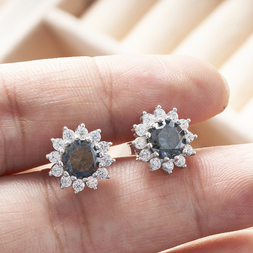 S925 plata esterlina diamante moissan pendientes 1 quilate 6.5mmX2 flores de sol redondas rosa color moissanita pendientes