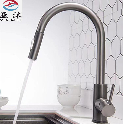 Stainless steel kitchen pull-out faucet with hot and cold rotation, sink basin dishwashing bowl faucet