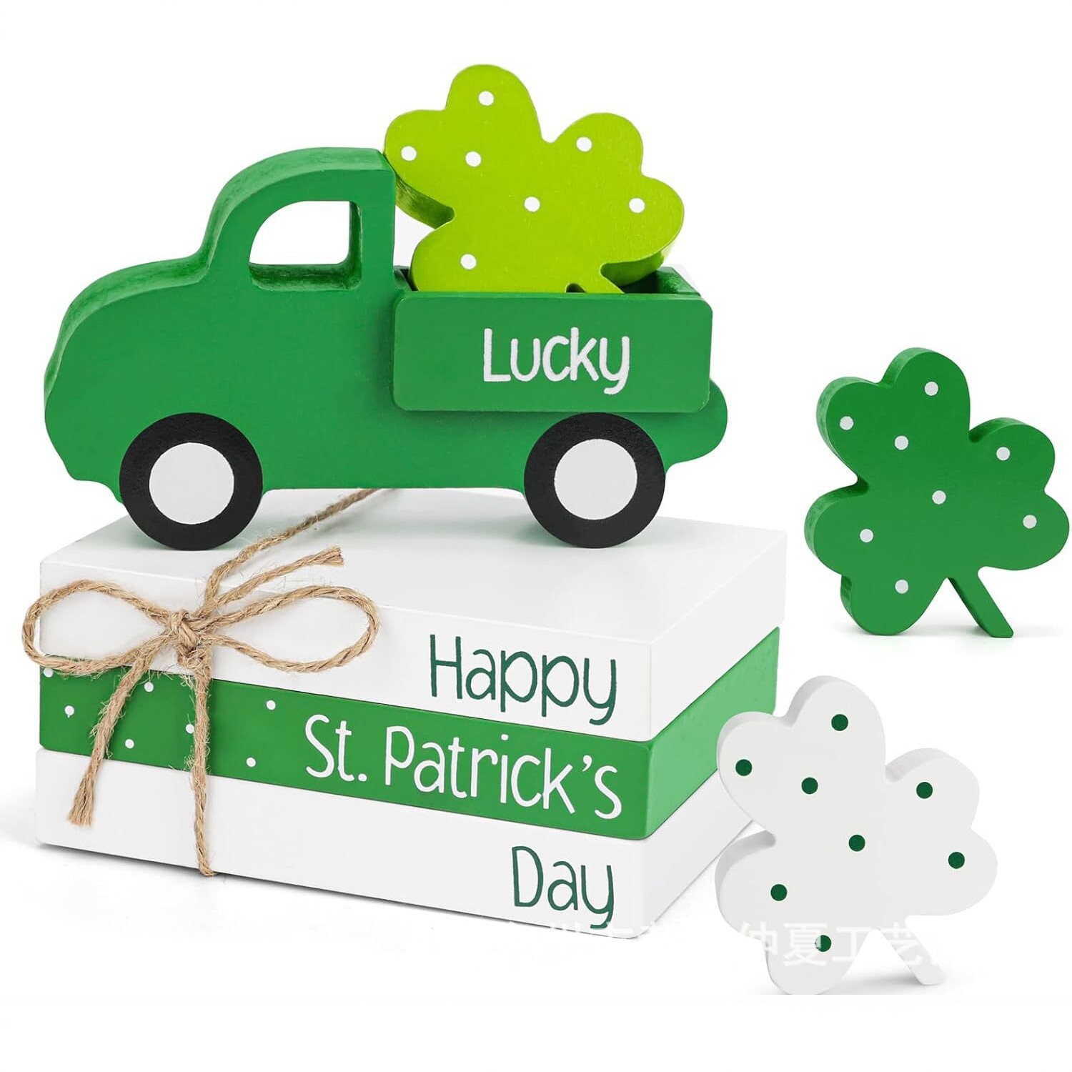 木质圣帕特里克节摆件套装书三叶草卡车桌面装饰跨境分层托盘家居