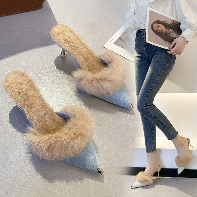 2025 осенне-зимние корейские стильные полусапожки на шпильке с флисовой подкладкой, меховые полусапожки для верхней одежды, туфли-мюли на высоком каблуке Baotou, женские ленивые туфли