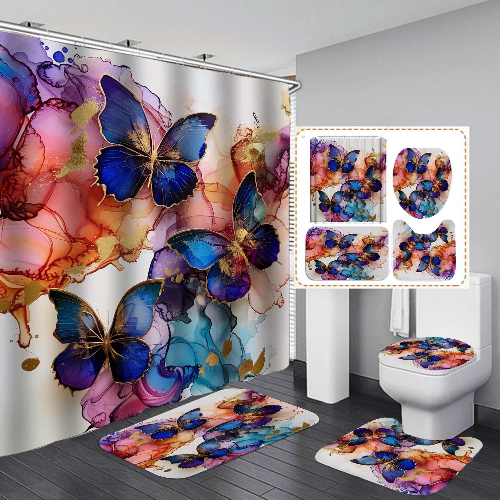 Flor de mariposa impresa cortina de baño a prueba de agua a prueba de moho nuevo tipo de tela retro sin perforación baño cortina de baño