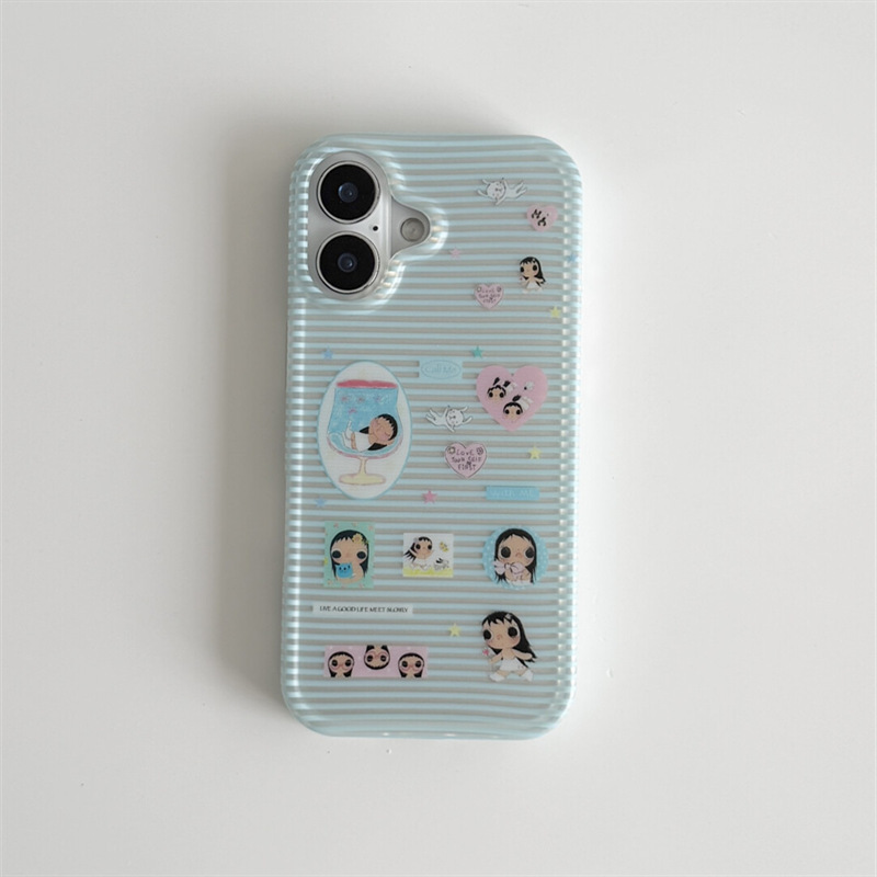 Cute Blue Striped Girl Collage Suitable for Apple 17Promax Mobile Phone Case New Iphone16 Protective Case 15