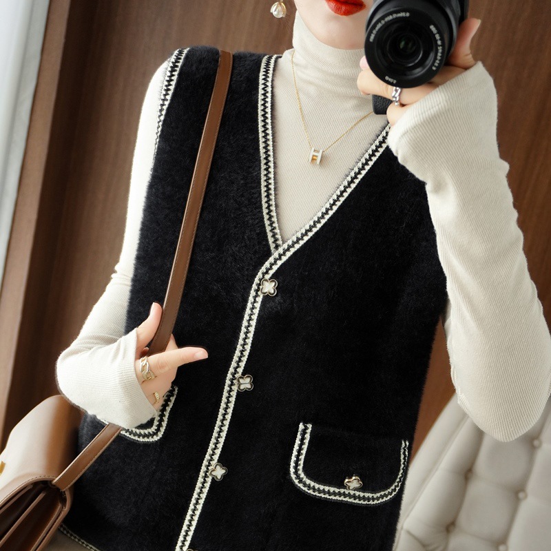 Francés estilo de Chanel imitación de visón de terciopelo desgaste exterior Chaleco de punto para las mujeres otoño e invierno nuevo todo-juego suelta chaleco exterior chaleco