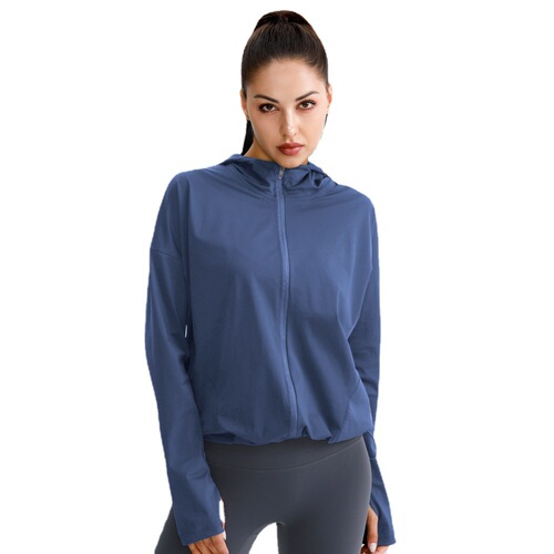 Sun protection clothing zipper hooded sports quick-drying jacket fitness yoga clothing women's casual loose version running jacket fitness