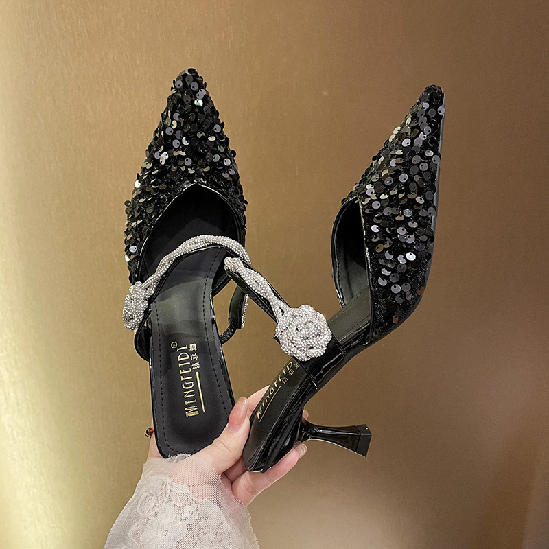 2025 nuevo estilo de verano con sandalias y zapatillas de tacón alto de tacón de aguja de diamantes de imitación image 3