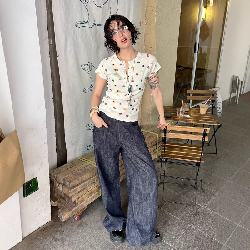 Sweet and Spicy Henley Collar Buttoned Short-Sleeved Women's Summer Wear Fruit Print Right Shoulder T-Shirt Slimming Look Top Tee